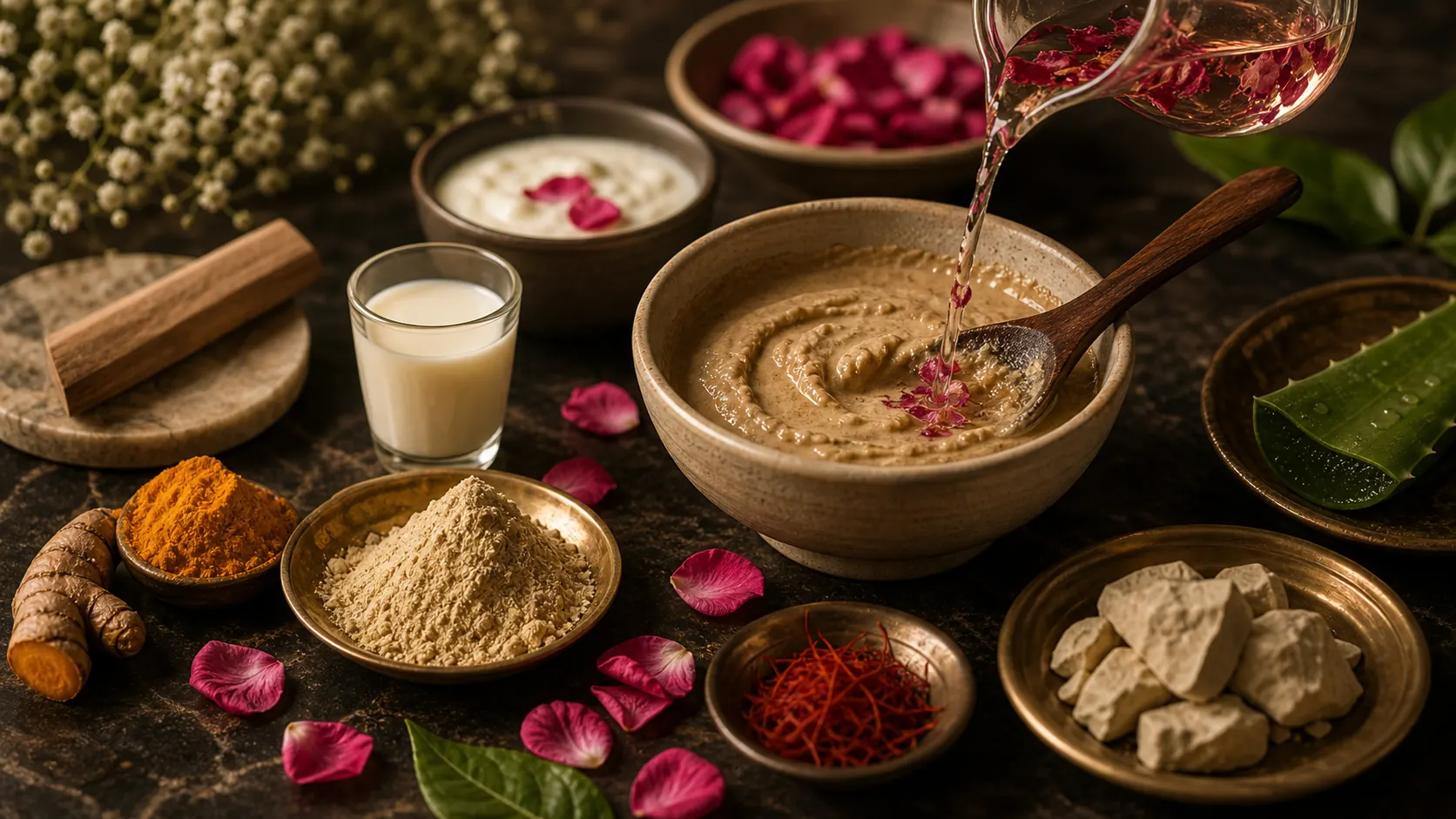 Rizoria herbal face pack mixing ritual with rose water milk and curd